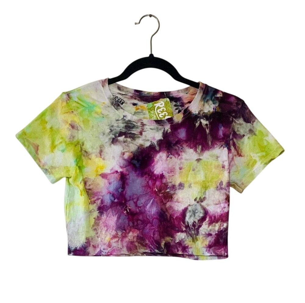 Vintage Hand Dyed Purple and Lime Green Cropped T-Shirt Size XS Ice Dye Tee
